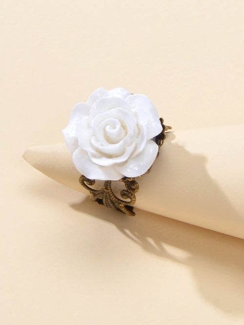 Retro Gothic Jewellery Resin Flower Open Cuff Finger Ring Antique