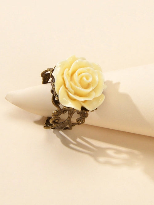 Retro Gothic Jewellery Resin Flower Open Cuff Finger Ring Antique