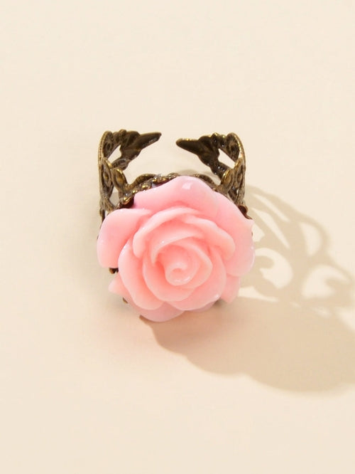 Retro Gothic Jewellery Resin Flower Open Cuff Finger Ring Antique