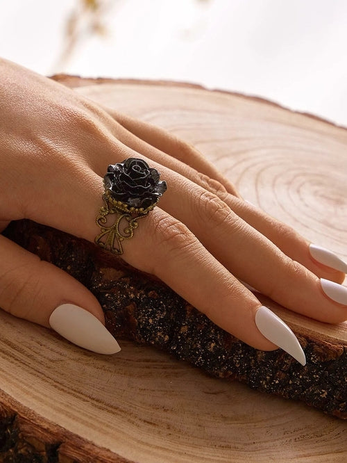 Retro Gothic Jewellery Resin Flower Open Cuff Finger Ring Antique