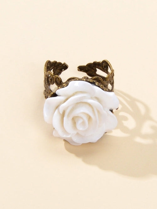 Retro Gothic Jewellery Resin Flower Open Cuff Finger Ring Antique