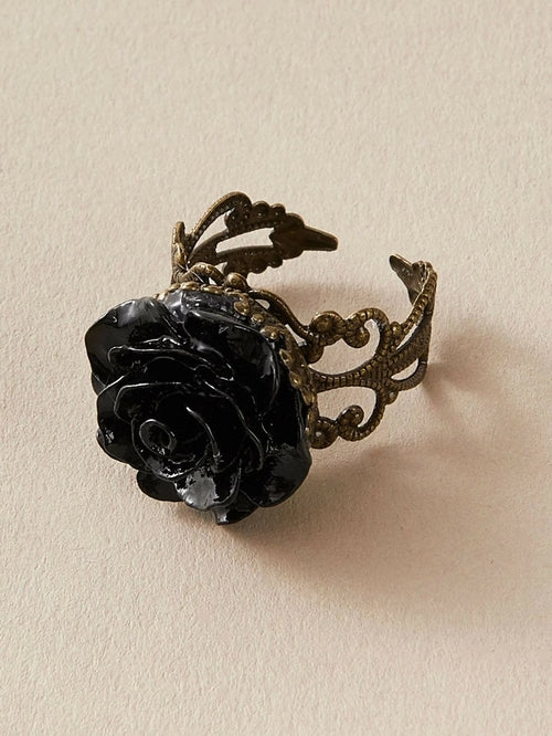 Retro Gothic Jewellery Resin Flower Open Cuff Finger Ring Antique