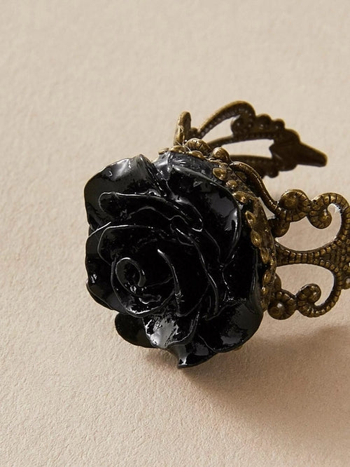 Retro Gothic Jewellery Resin Flower Open Cuff Finger Ring Antique