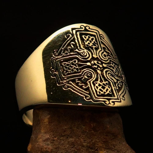 Excellent crafted Men's Celtic Runes Cross Pinky Ring - antiqued Brass