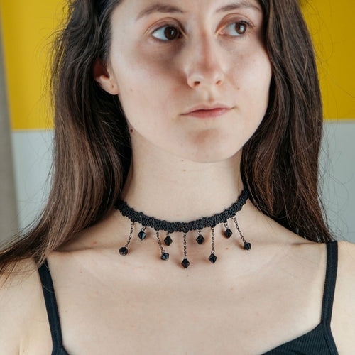 Black Beaded Lace Victorian Gothic Emo Halloween Dangle Choker